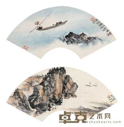 胡若思 山水 扇面双挖 